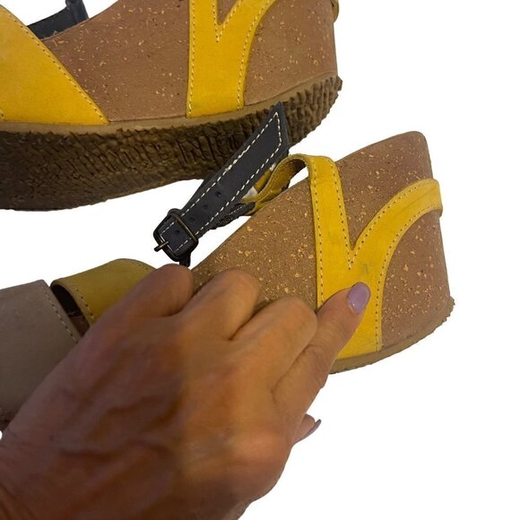 BioNatural by Bos & Co Wedge Sandals Blue & Mustard Yellow Leather Cork Size 9 - Picture 5 of 11